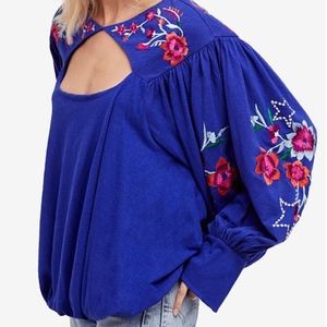 Free People Blue Blouse with Floral Embroidery
